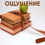 Яблоко на стопке книг с надписью Ощущение