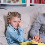 Woman and crying girl sitting on sofa